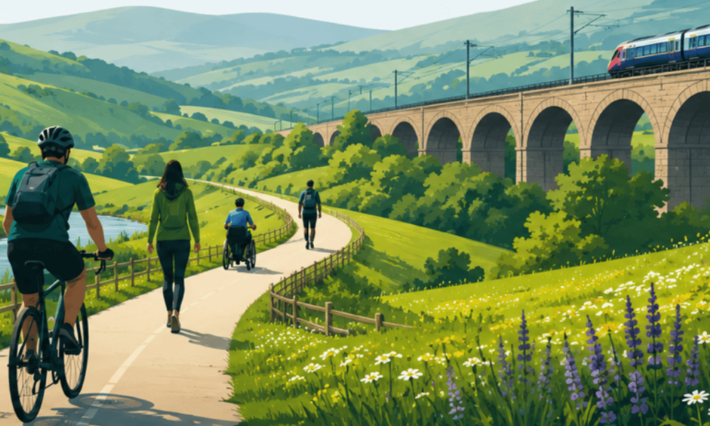 A cyclist in hi vis vest cycling away from the camera, a woman in blue dungarees on a bicycle on a cycle path, next to a woman in a wheelchair in a black EPIKs shirt and jeans on the footpath with a man wearing a black coat and jeans